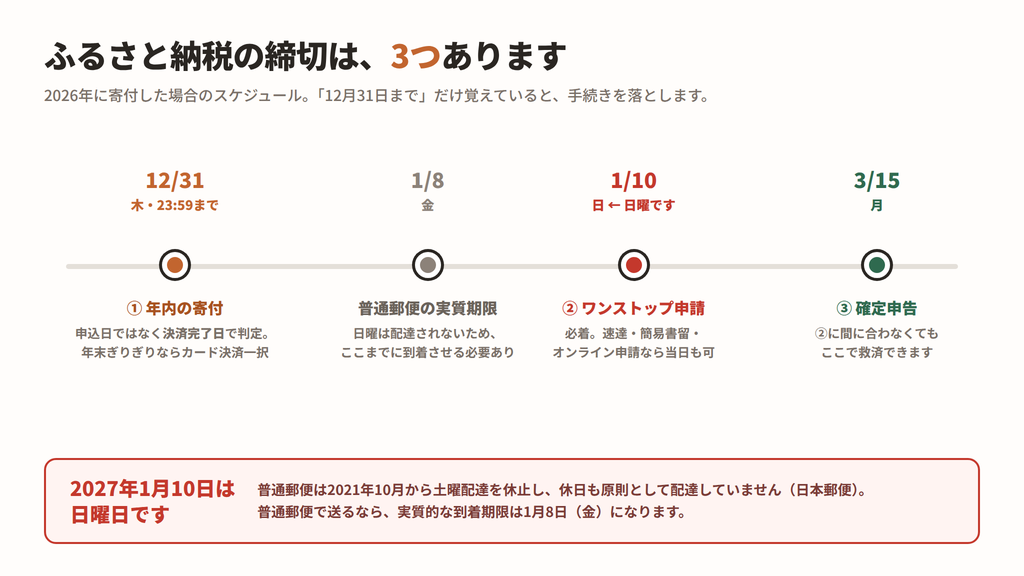 ふるさと納税の3つの締切を時系列で示した図。12月31日の決済完了、1月10日必着、3月15日の確定申告