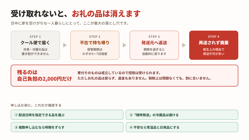 クール便を受け取れなかった場合に返送・廃棄され、自己負担2,000円だけが残る流れの図