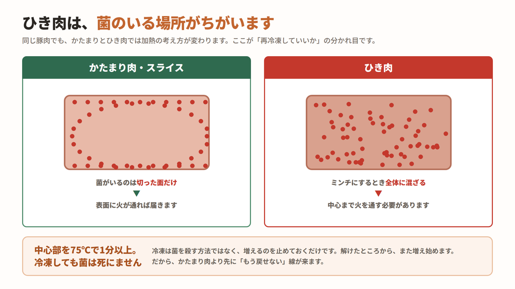 かたまり肉は菌が表面だけ、ひき肉は菌が全体に混ざることを示した図