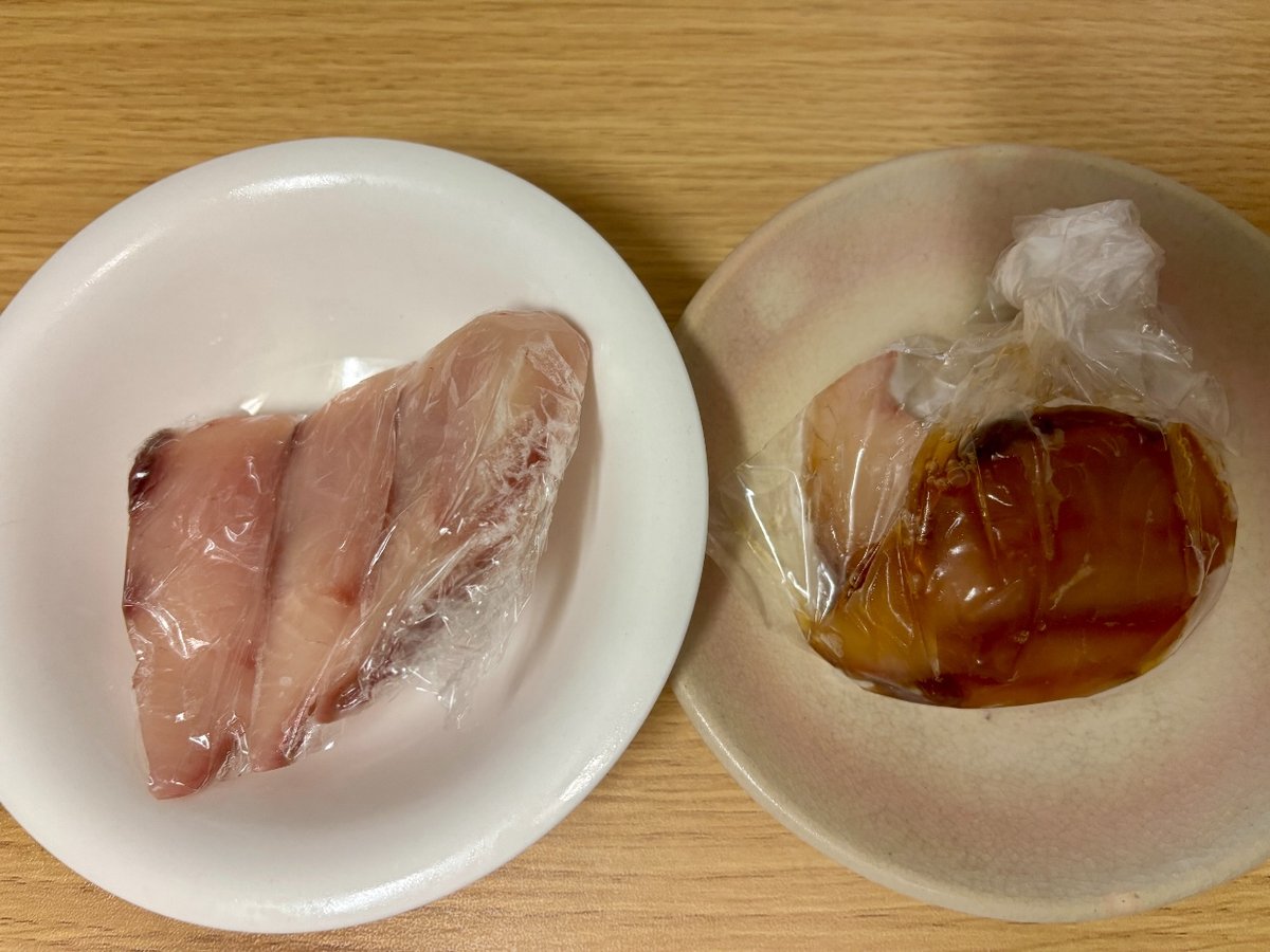 冷蔵庫で30分解凍した素のままのはまちとめんつゆ漬け
