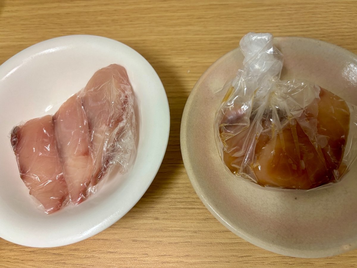 冷蔵庫で1時間解凍した素のままのはまちとめんつゆ漬け